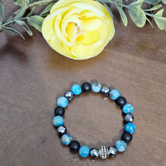 Natural Blue Apatite/Hematite Stretch Bracelet - Picture 2 of 5